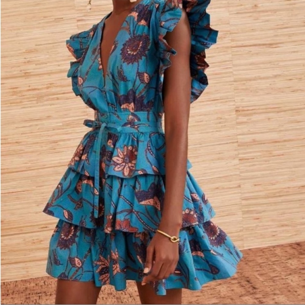 Ulla Johnson Sena Ruffle Mini Dress Tiered Blue Floral 2 New